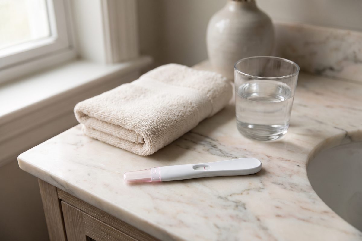 Un test de embarazo con una sola raya en el lavabo